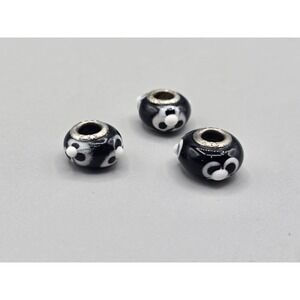 Set Of 3 925 Sterling Silver White Flower Black Bead & Black European Charm Bead